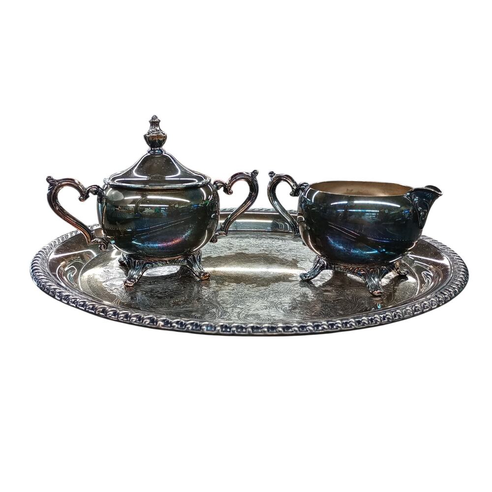 Vintage Wm. Rogers & Son Silverplate Creamer Sugar Bowl Tray 4 Piece Set